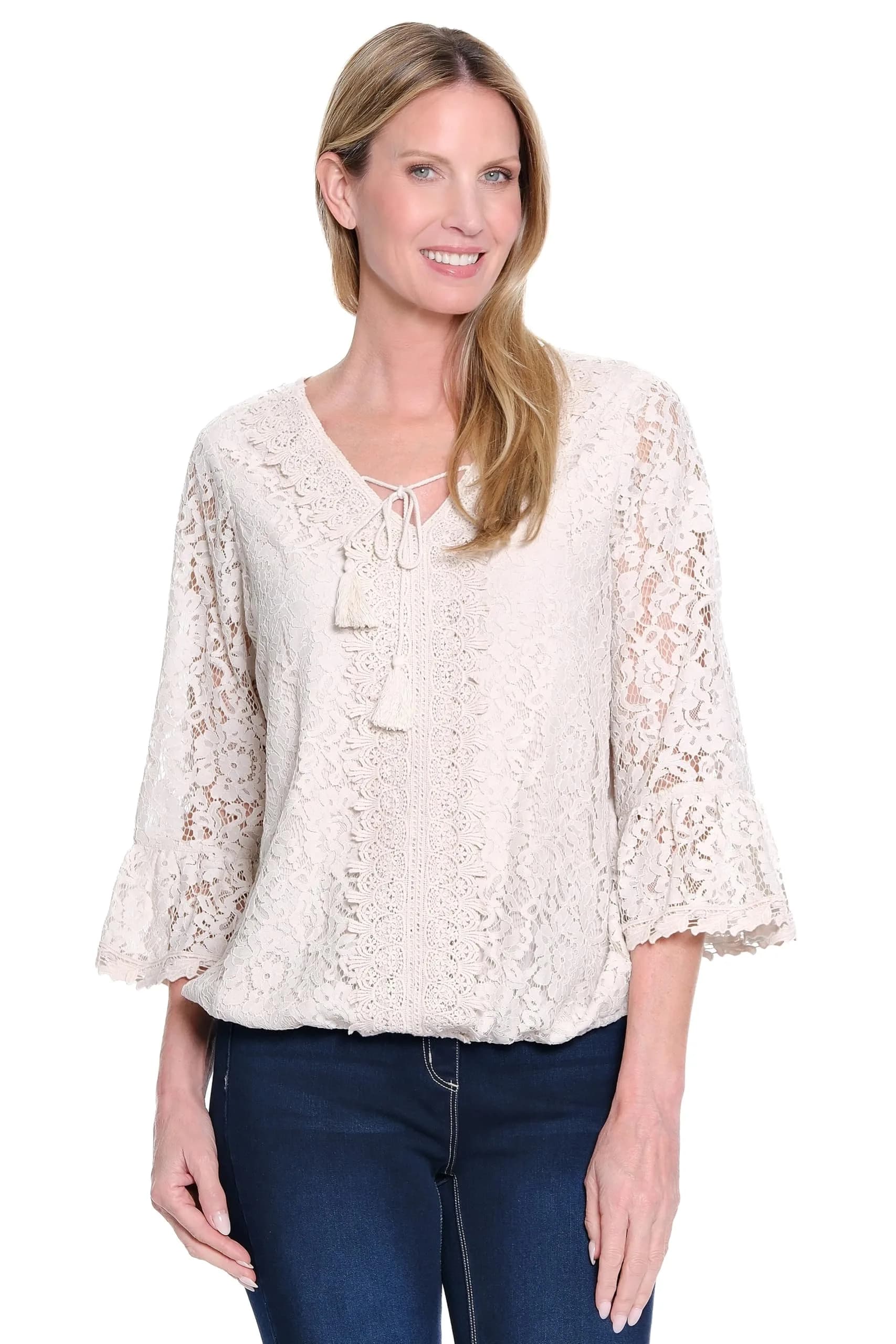 Ali Miles Womens Woven Lace Pop Over Tunic | V-Neck & Elbow Sleeve Casual Dress (L) in Soft White — Soft White