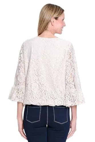 Ali Miles Womens Woven Lace Pop Over Tunic | V-Neck & Elbow Sleeve Casual Dress (L) in Soft White thumbnail 2