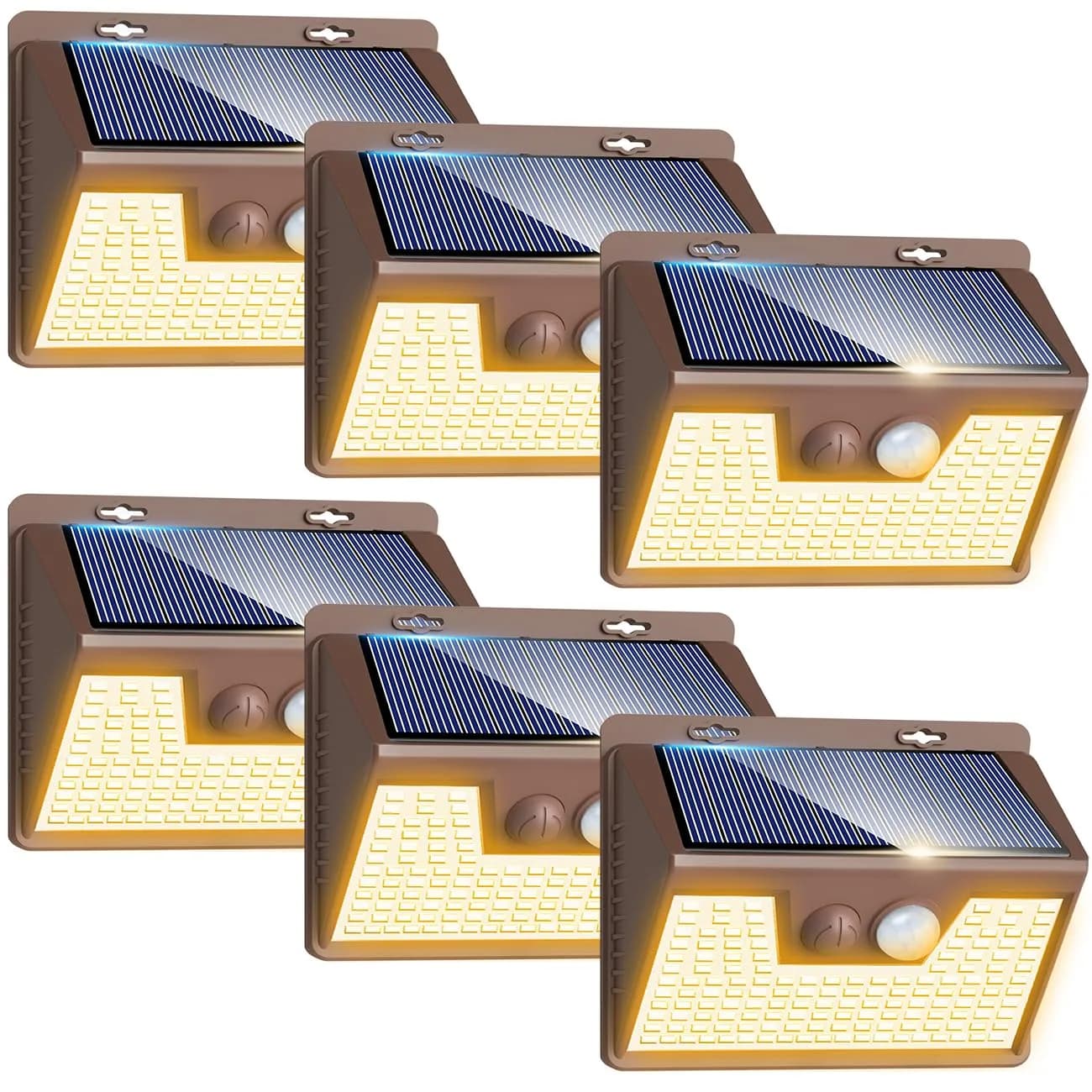 Peasur Solar Powered Wall Lights 8 Pack | 140 LED Motion Sensor Waterproof Security Lights — Brown Frame-Warm