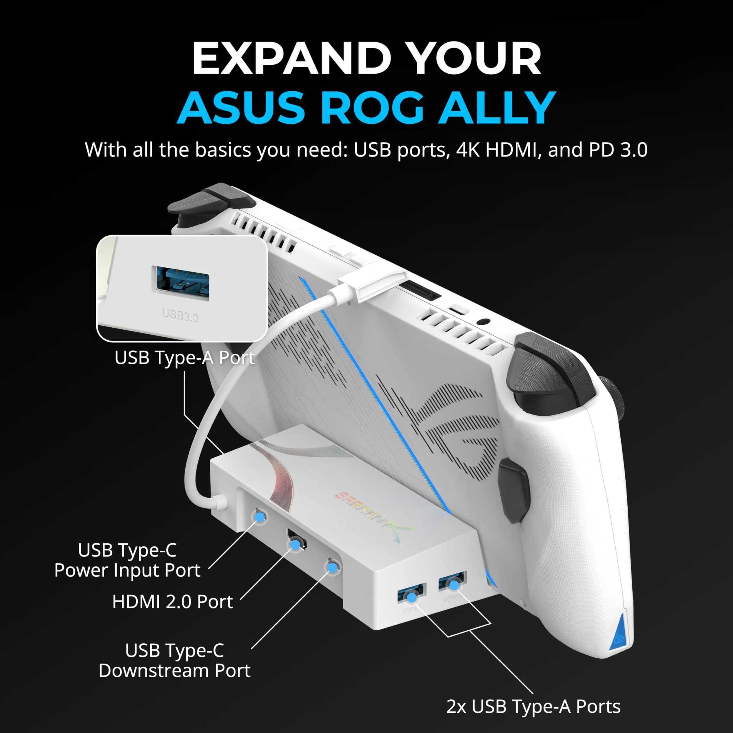 Sabrent 6-Port USB-C Docking Station DS-RA6P for ROG Ally X, Steam Deck, 4K@60Hz HDMI, 95W PD Input, 220g - view 2