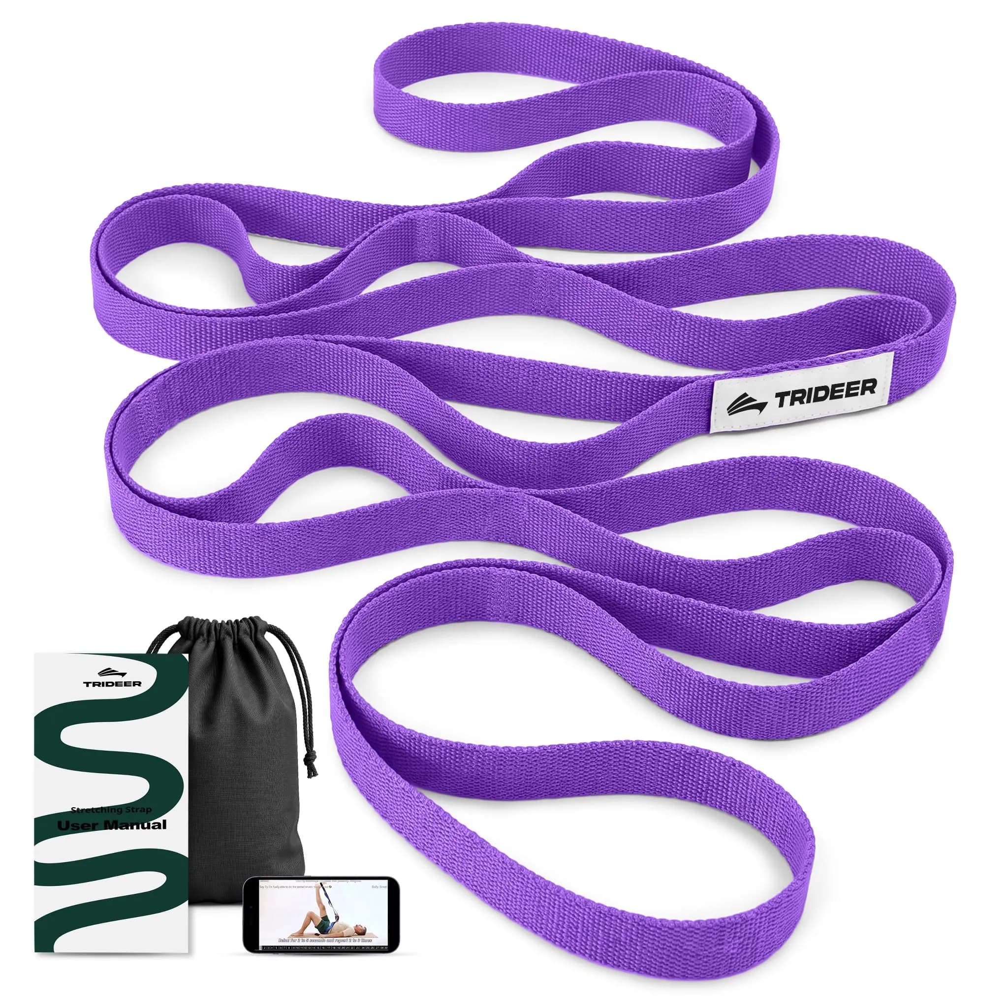 Trideer Stretching Strap with Loops & Leg Lifter, Non-Elastic PT-Style Physical Therapy Strap for Knee Rehab, Hamstring, Calf & Back Stretcher Mobility, Hip, Shoulder & Yoga (75 inch) — Purple