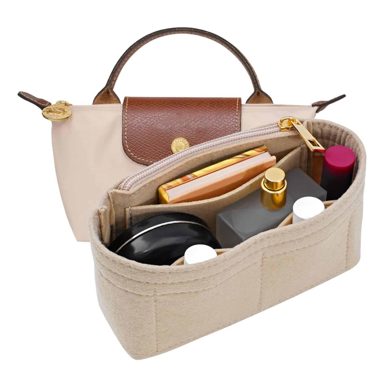 LOUKAYCCI Purse Organizer Insert for Longchamp Le Pliage Mini Bag | Felt Organizer with Zipper, Beige (15.2 cm x 5.1 cm x 8.1 cm) — Beige Felt with Zipper