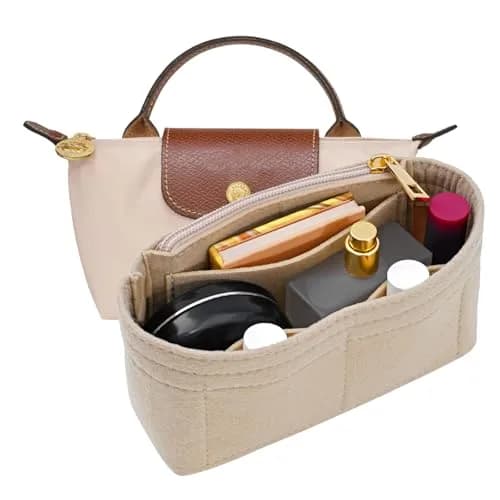 LOUKAYCCI Purse Organizer Insert for Longchamp Le Pliage Mini Bag | Felt Organizer with Zipper, Beige (15.2 cm x 5.1 cm x 8.1 cm) thumbnail 1