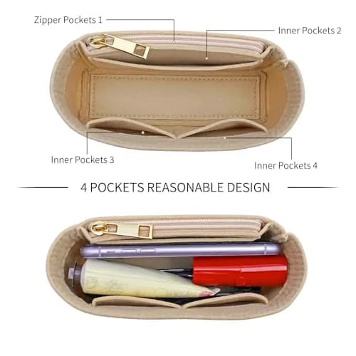 LOUKAYCCI Purse Organizer Insert for Longchamp Le Pliage Mini Bag | Felt Organizer with Zipper, Beige (15.2 cm x 5.1 cm x 8.1 cm) thumbnail 4