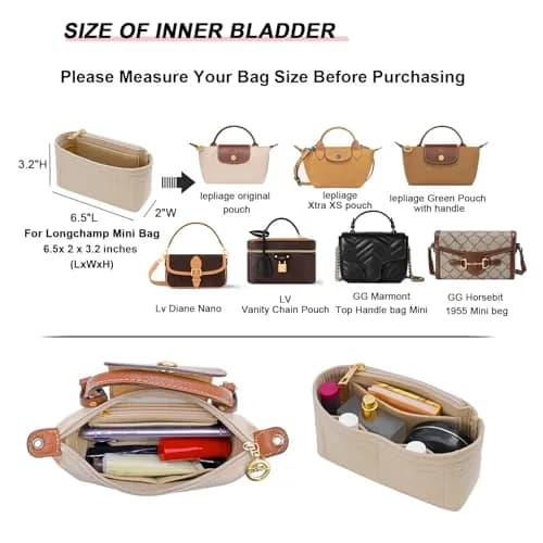 LOUKAYCCI Purse Organizer Insert for Longchamp Le Pliage Mini Bag | Felt Organizer with Zipper, Beige (15.2 cm x 5.1 cm x 8.1 cm) thumbnail 2