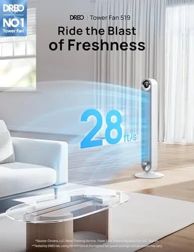 DREO Tower Fan for Bedroom, 42Inch, 9 Speeds, DC 28ft/s Velocity, Quiet & Remote Control thumbnail 2