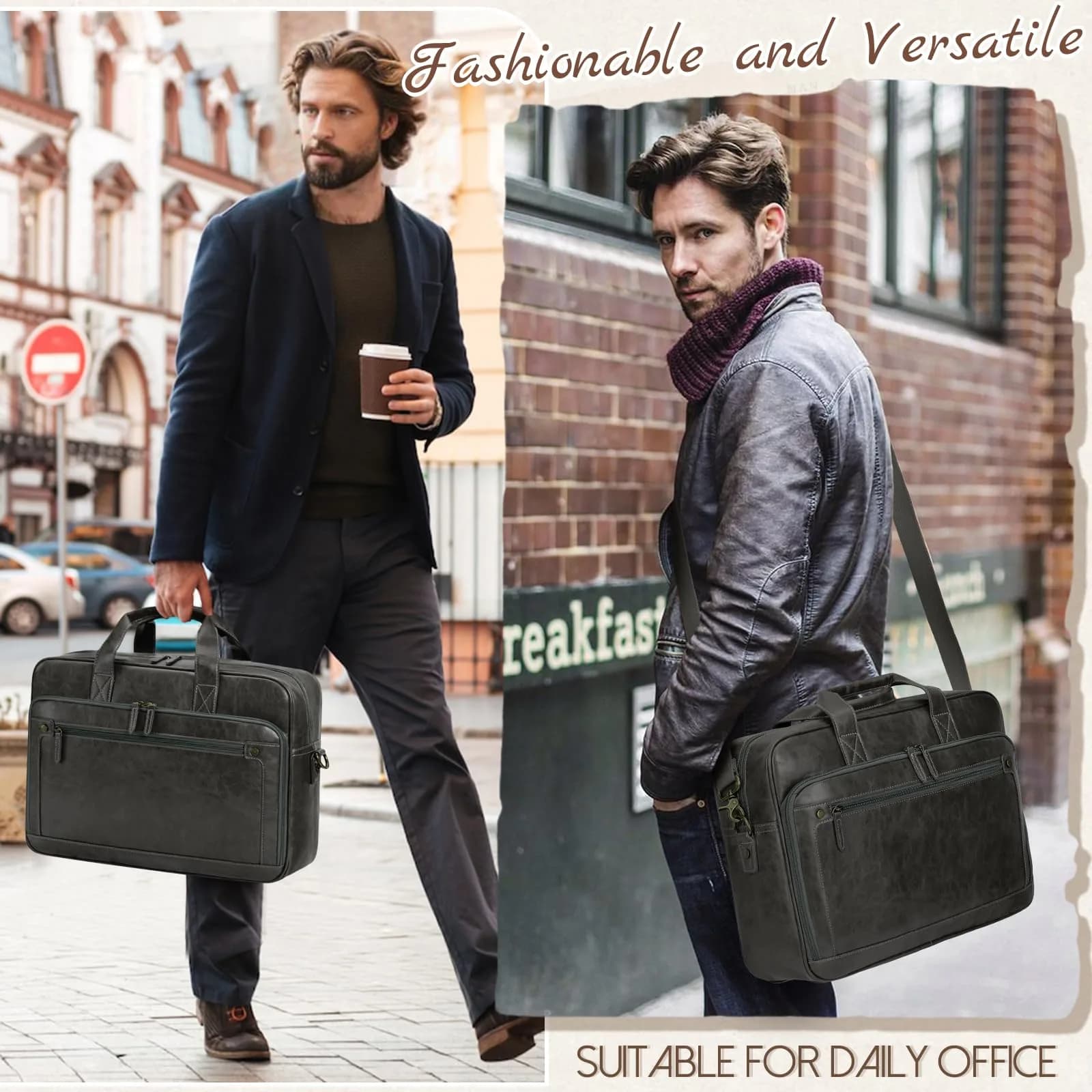 RAINSMORE Men's Leather Laptop Bag 16 Inch Vintage Messenger Satchel Bag | Water-Resistant Business Briefcase for Men - view 2