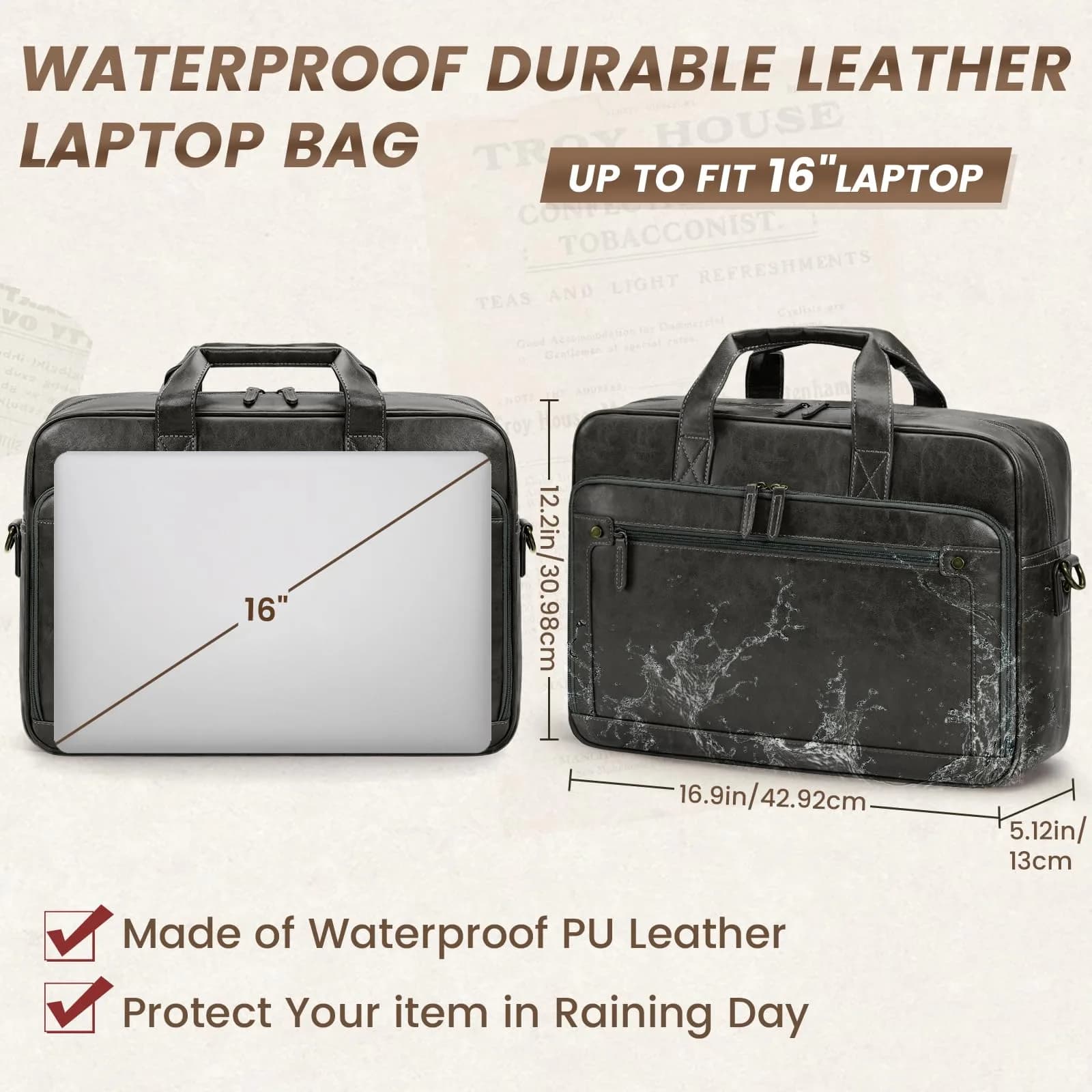 RAINSMORE Men's Leather Laptop Bag 16 Inch Vintage Messenger Satchel Bag | Water-Resistant Business Briefcase for Men - view 3