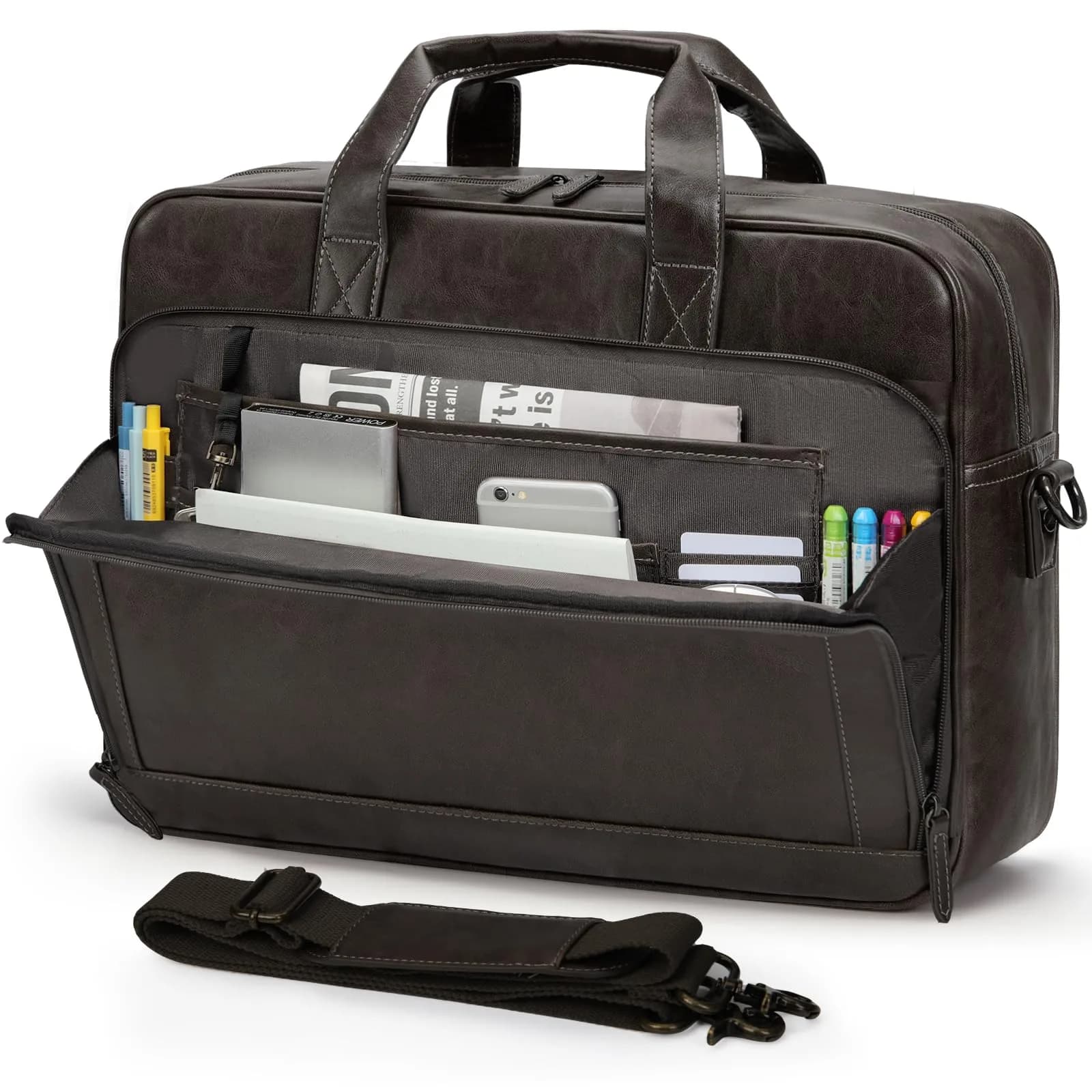 RAINSMORE Men's Leather Laptop Briefcase 43.4cm (17.1 inch) | Vintage Messenger Bag for Business & Travel — Coffee