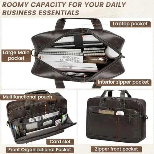 RAINSMORE Men's Leather Laptop Briefcase 16 Inch Vintage Messenger Bag | Water Resistant, Detachable Strap, 40.4 cm (15.9 in) thumbnail 4