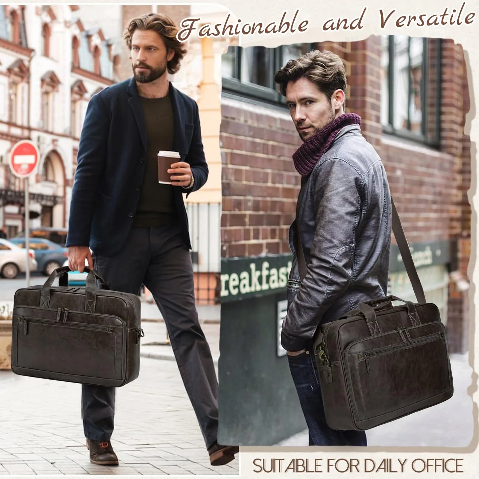 RAINSMORE Men's Leather Laptop Briefcase 16 Inch Vintage Messenger Bag | Water Resistant, Detachable Strap, 40.4 cm (15.9 in) - view 2