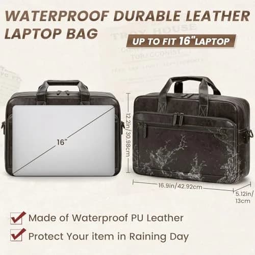 RAINSMORE Men's Leather Laptop Briefcase 16 Inch Vintage Messenger Bag | Water Resistant, Detachable Strap, 40.4 cm (15.9 in) thumbnail 3