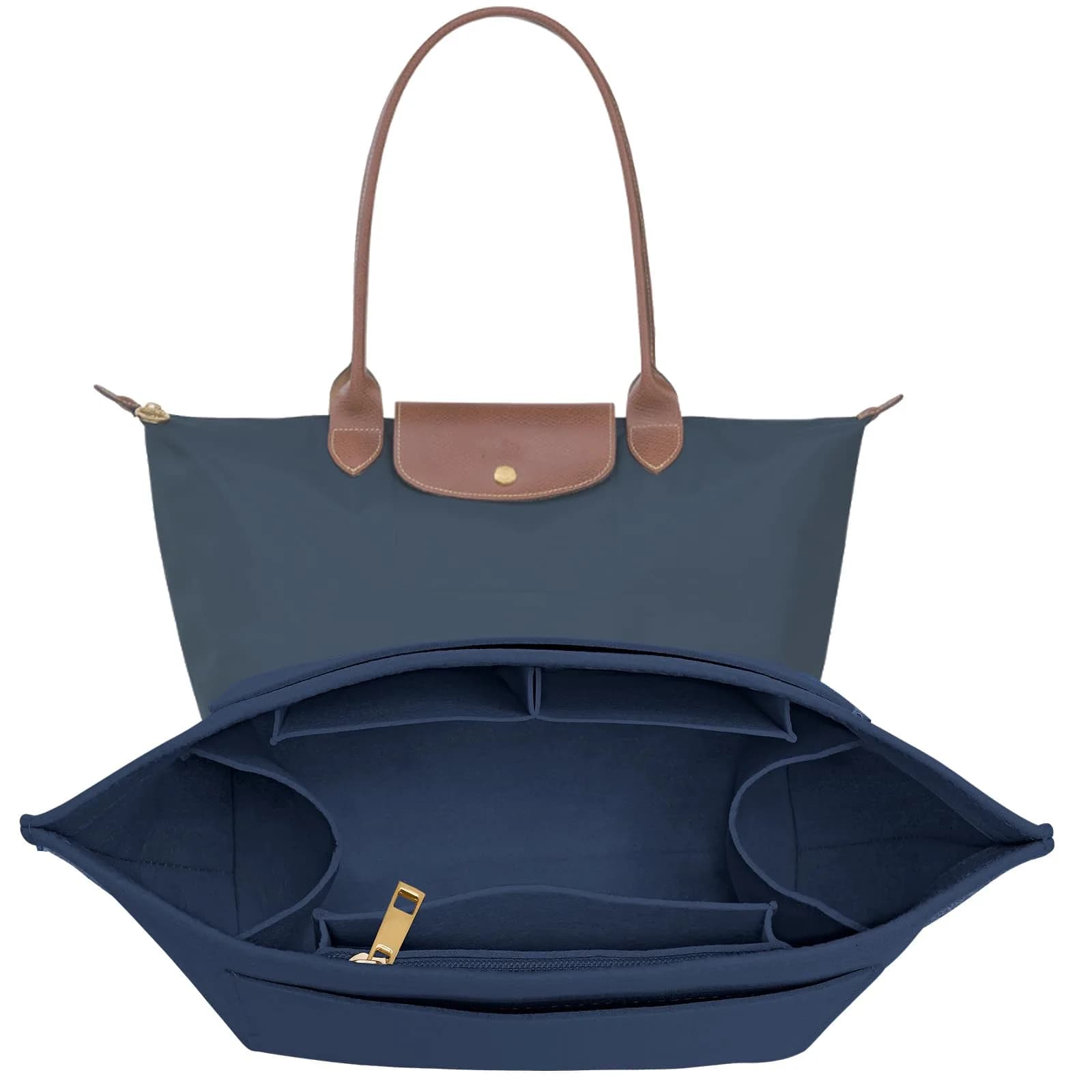 LOUKAYCCI Purse Organizer Insert for Longchamp Le Pliage M | Felt Tote Bag Organizer with 8 Compartments — DarkBlue / Large