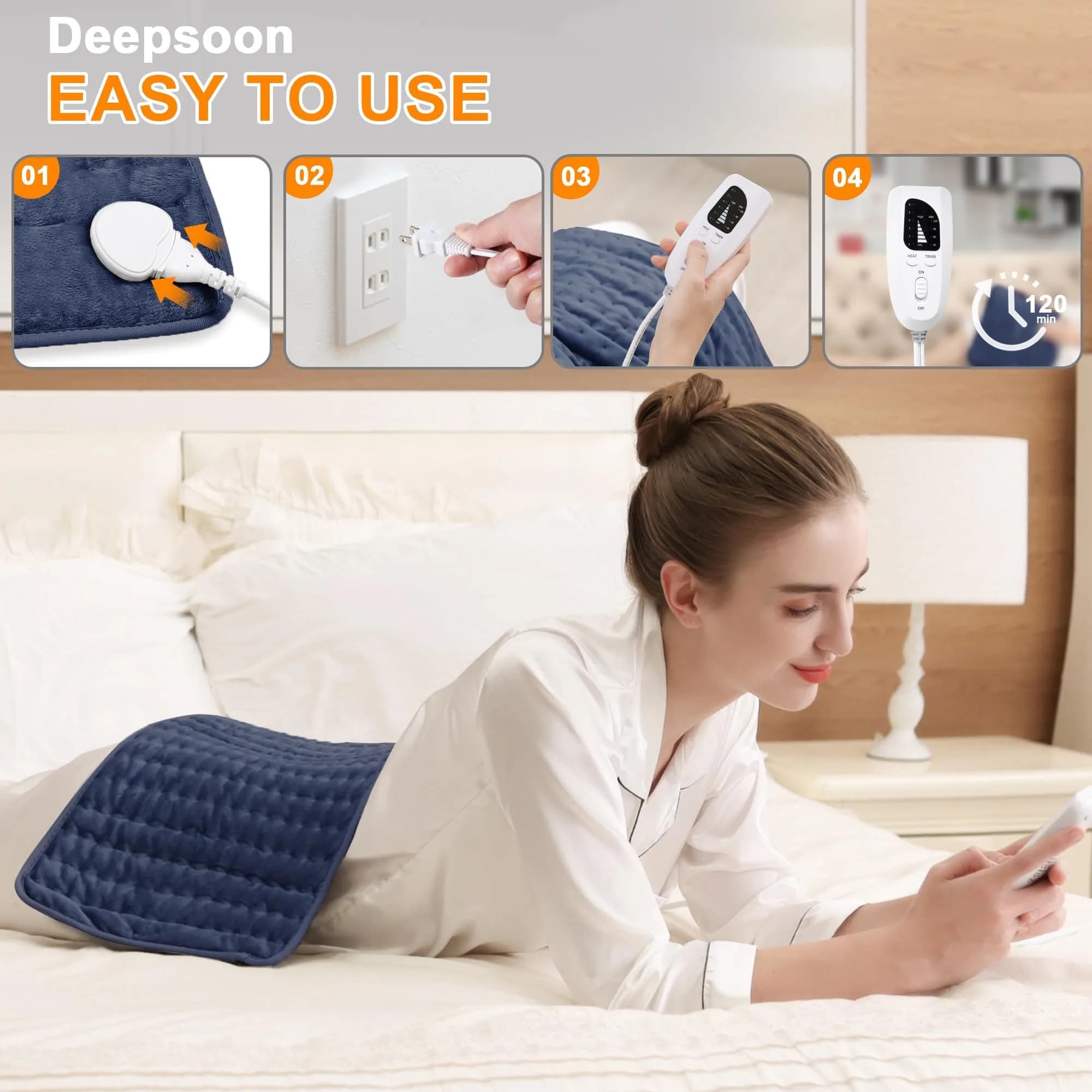 Deepsoon 24x12 Inch Electric Heating Pad for Back, Neck, Abdomen, Legs | Soft Flannel Cover, 6 Heat Settings, Auto Shut-Off - view 3