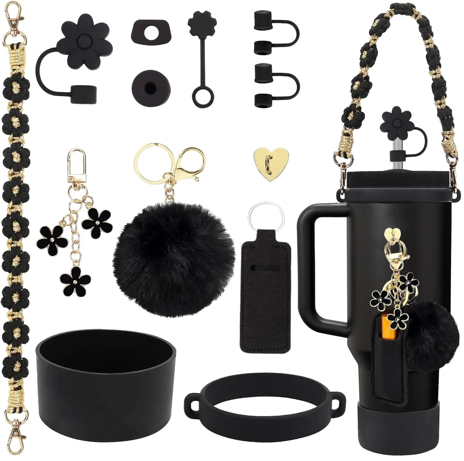 3tyto Black Gold 13 Pcs Stanley Cup Accessories Set - Bohemian Handle Strap & Silicone Boot - main product image