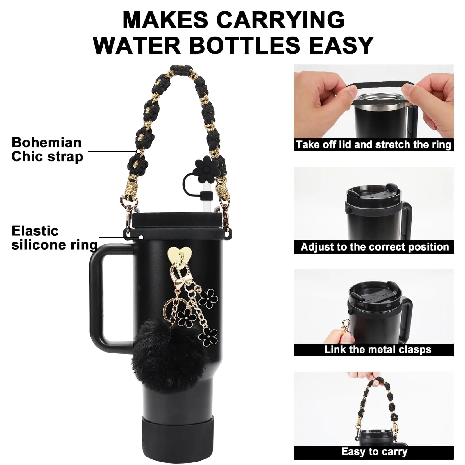 3tyto Black Gold 13 Pcs Stanley Cup Accessories Set - Bohemian Handle Strap & Silicone Boot - view 2