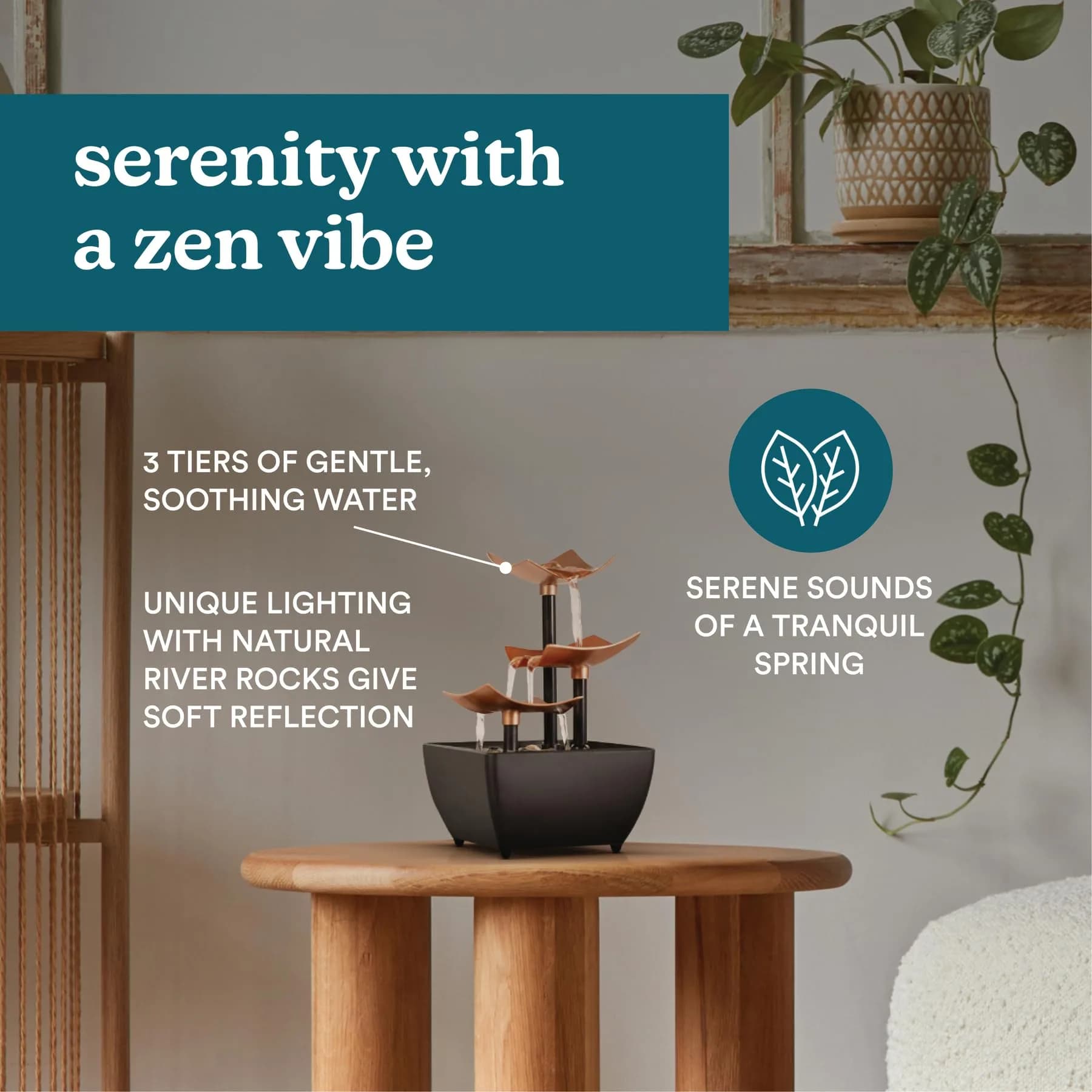 Homedics 3 Tier Tabletop Waterfall Fountain with Natural River Rocks & Quiet Pump | 24.3 cm (9.57 in) Height - view 4
