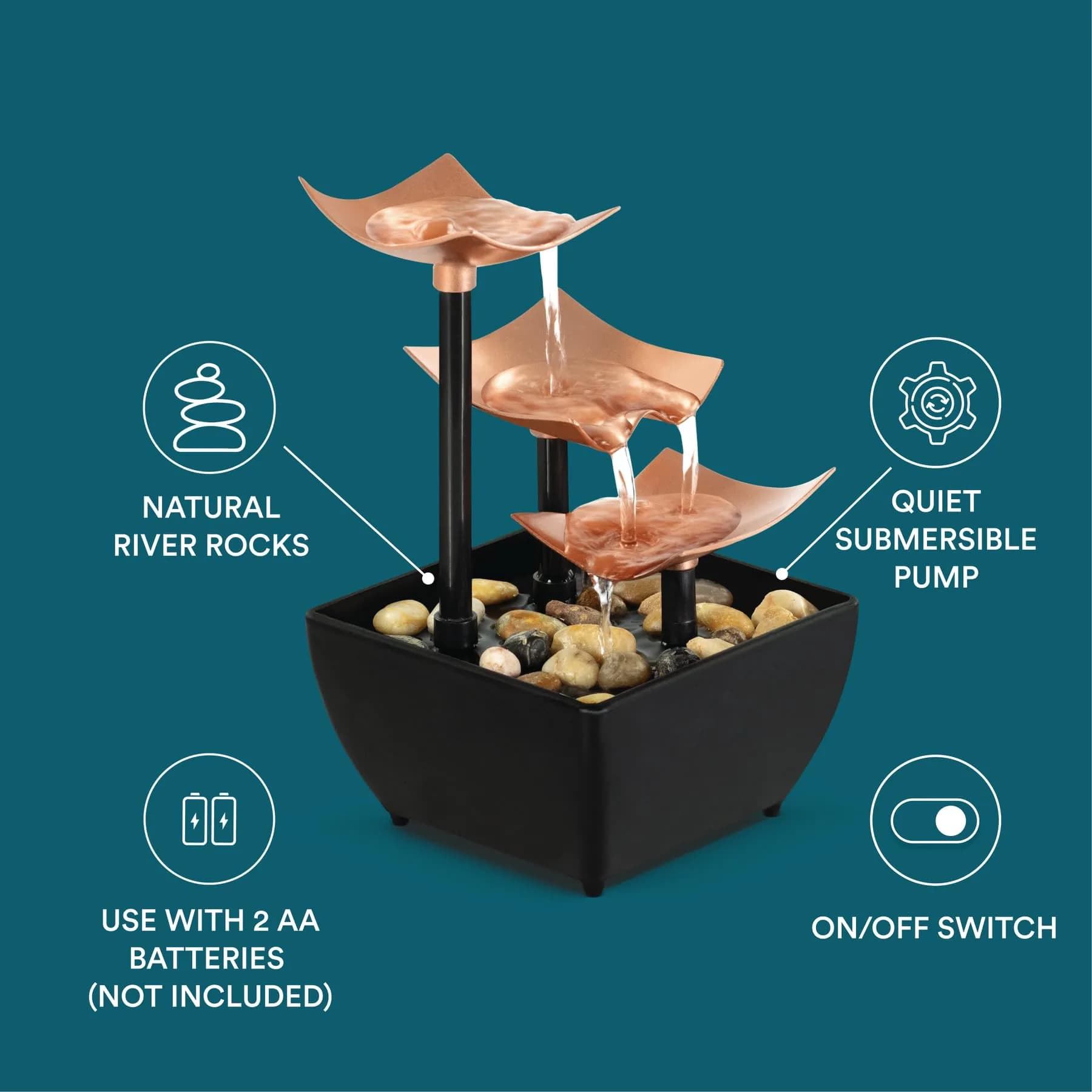 Homedics 3 Tier Tabletop Waterfall Fountain with Natural River Rocks & Quiet Pump | 24.3 cm (9.57 in) Height - view 5