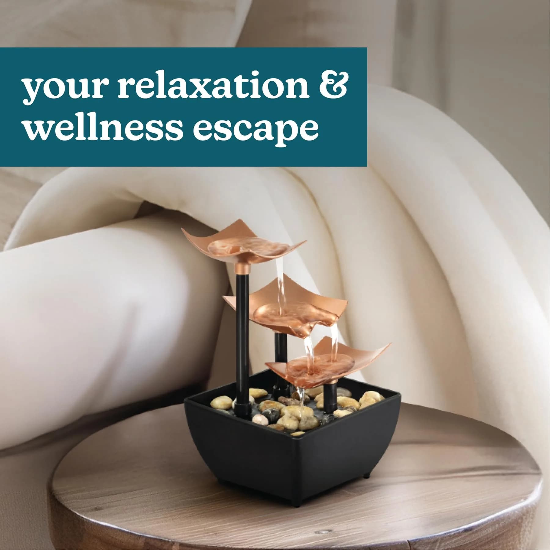 Homedics 3 Tier Tabletop Waterfall Fountain with Natural River Rocks & Quiet Pump | 24.3 cm (9.57 in) Height - view 2