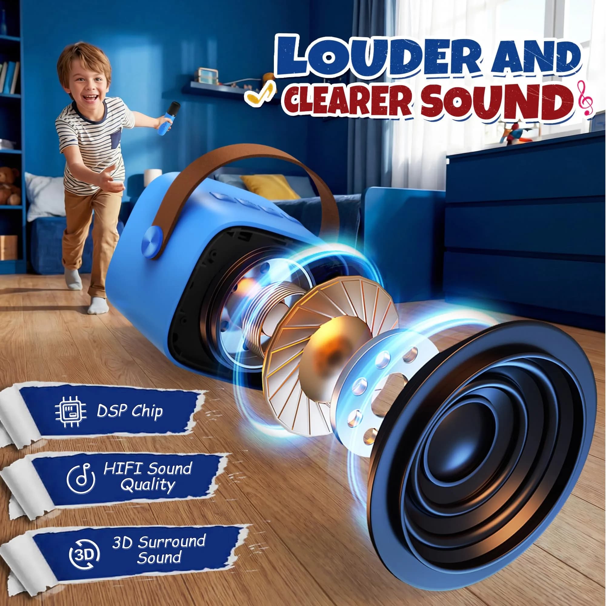 YLL Mini Karaoke Machine for Kids Adults Royal-Blue | Portable Bluetooth Speaker with 2 Wireless Microphones - view 3