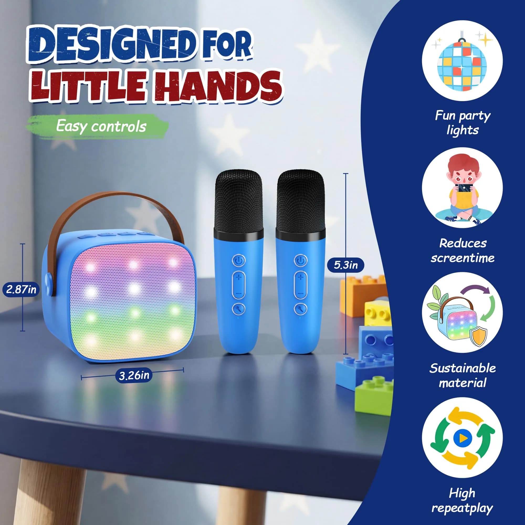 YLL Mini Karaoke Machine for Kids Adults Royal-Blue | Portable Bluetooth Speaker with 2 Wireless Microphones - view 8