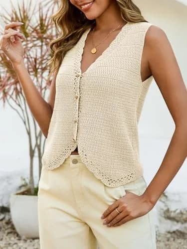 Saodimallsu Womens Crochet Tank Tops V-Neck Summer Sweater Vest | Knit Outfits thumbnail 4