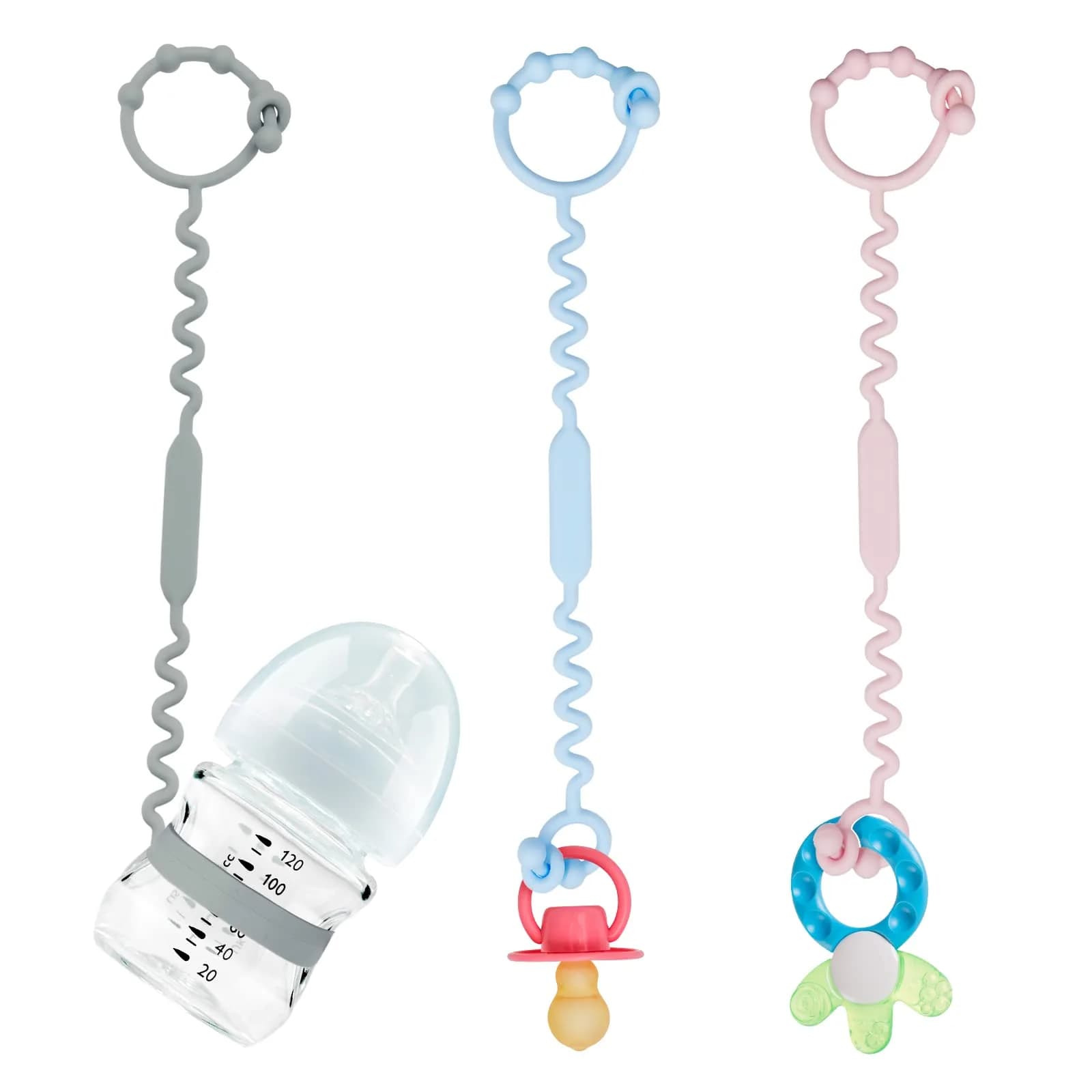 Yunaeduo Silicone Toy Straps for Stroller, 5 Pack | BPA-Free, Adjustable Safety Holder for Baby & Toddler Toys, Cups, and More — Blue Grey Pink