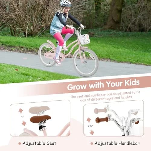 HONEY JOY Kids Bike, 20 Inch Pink | Adjustable Handlebar & Seat, Fully Enclosed Chain, Kids Bicycle for 8+ thumbnail 3