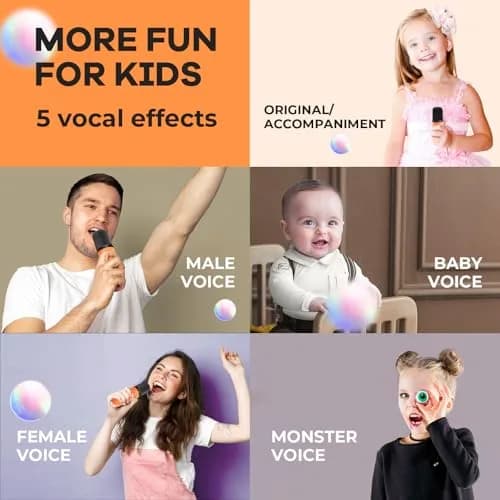 YLL Karaoke Machine for Kids, Orange | Portable Bluetooth Speaker with 2 Wireless Microphones, 5 Magic Voices Party, Present for Boys Ages 3,4,5,6,7,8,9,10+ thumbnail 4
