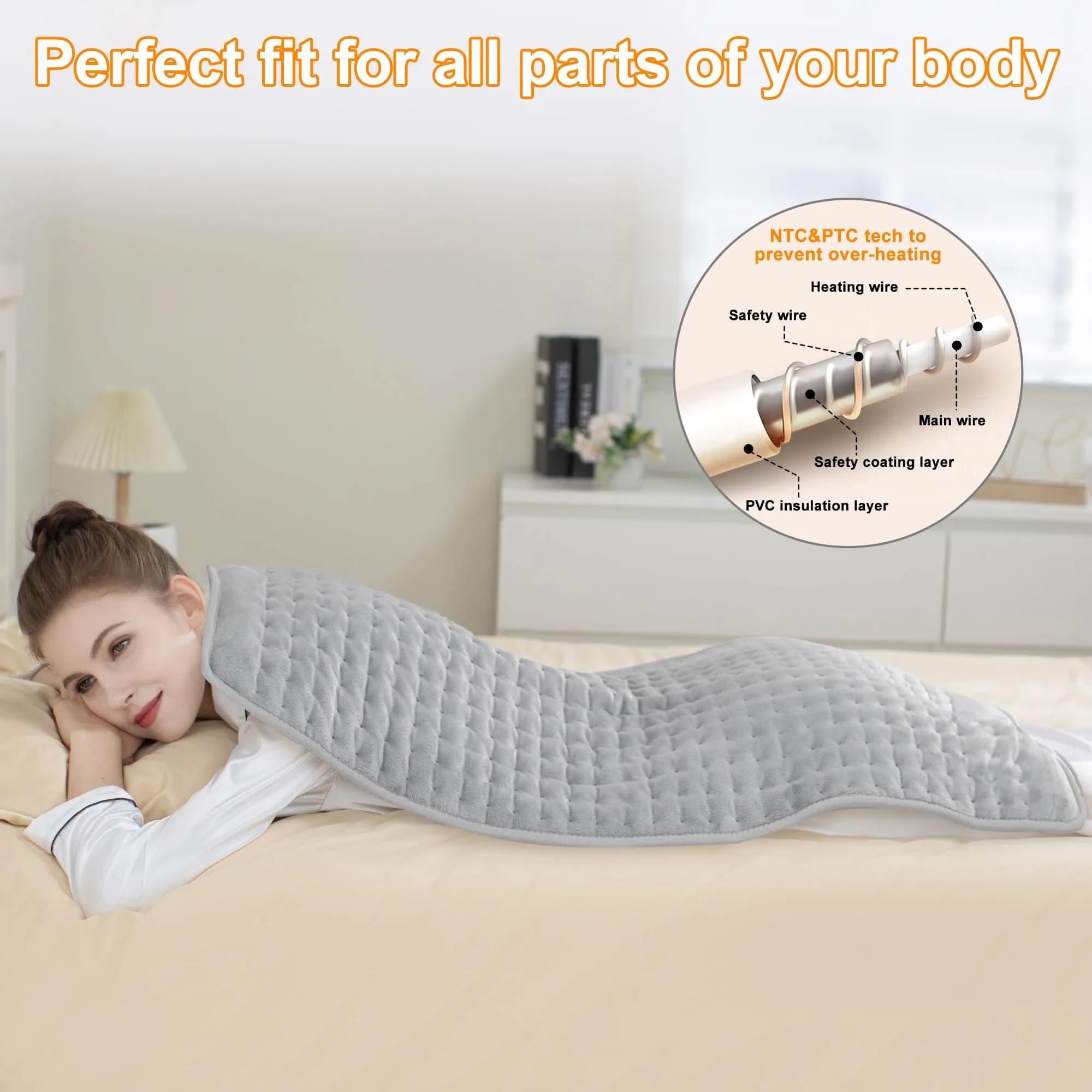 Deepsoon Light Gray Electric Heating Pad 40x20 Inch | Large Coverage for Back, Abdomen, and Legs - view 2