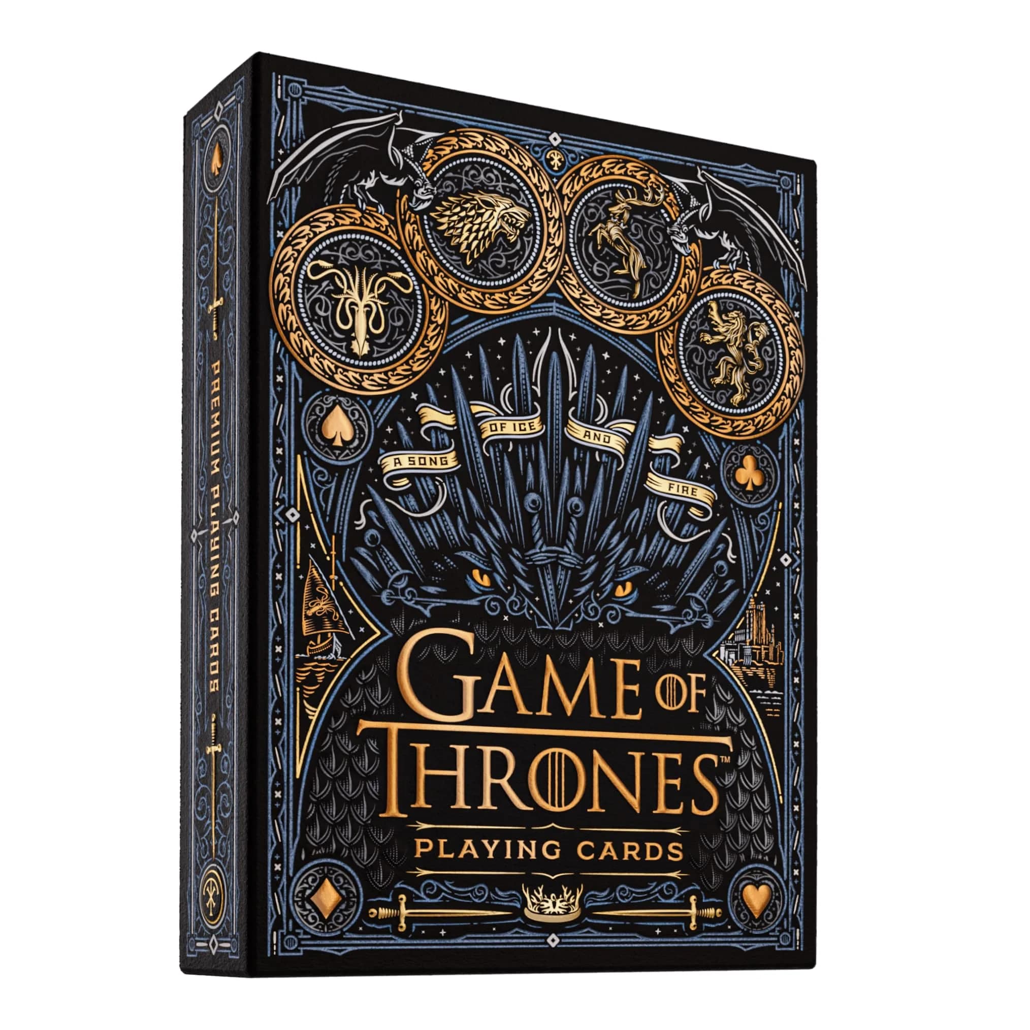 theory11 Game of Thrones Premium Playing Cards, Poker Size Standard Index | Luxury Foil Details and Themed Artwork — Gold, Blue, Black