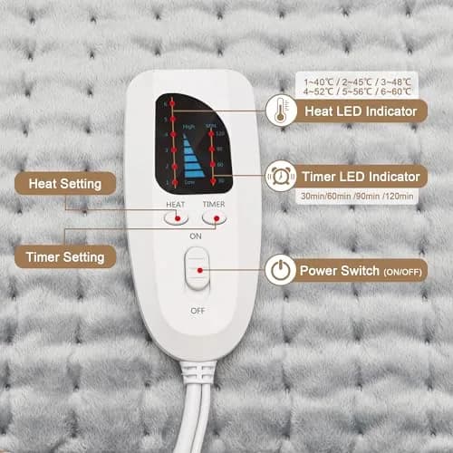Deepsoon Electric Heating Pad 24x20 Inch Light Gray | 6 Heat Settings & 2-Hour Auto Shut-Off thumbnail 7