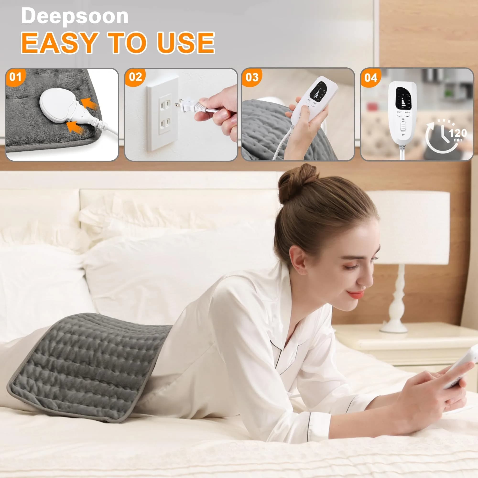 Deepsoon Gray Electric Heating Pad 24x12 Inch | Soothing Heat for Back, Neck, and Legs - view 3