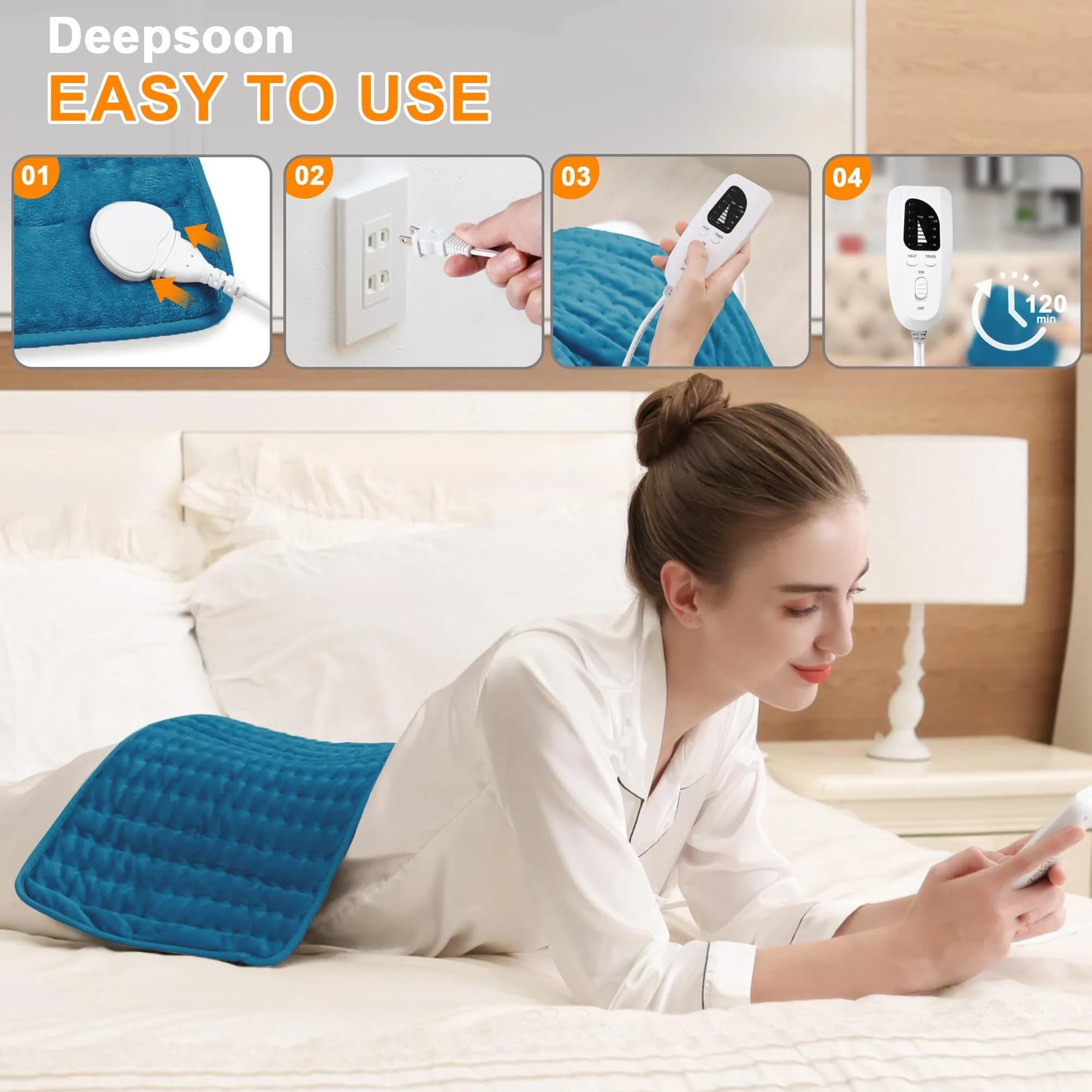 Deepsoon Blue Electric Heating Pad 24x12 Inch | Soothing Heat for Back, Neck, and Legs - view 3