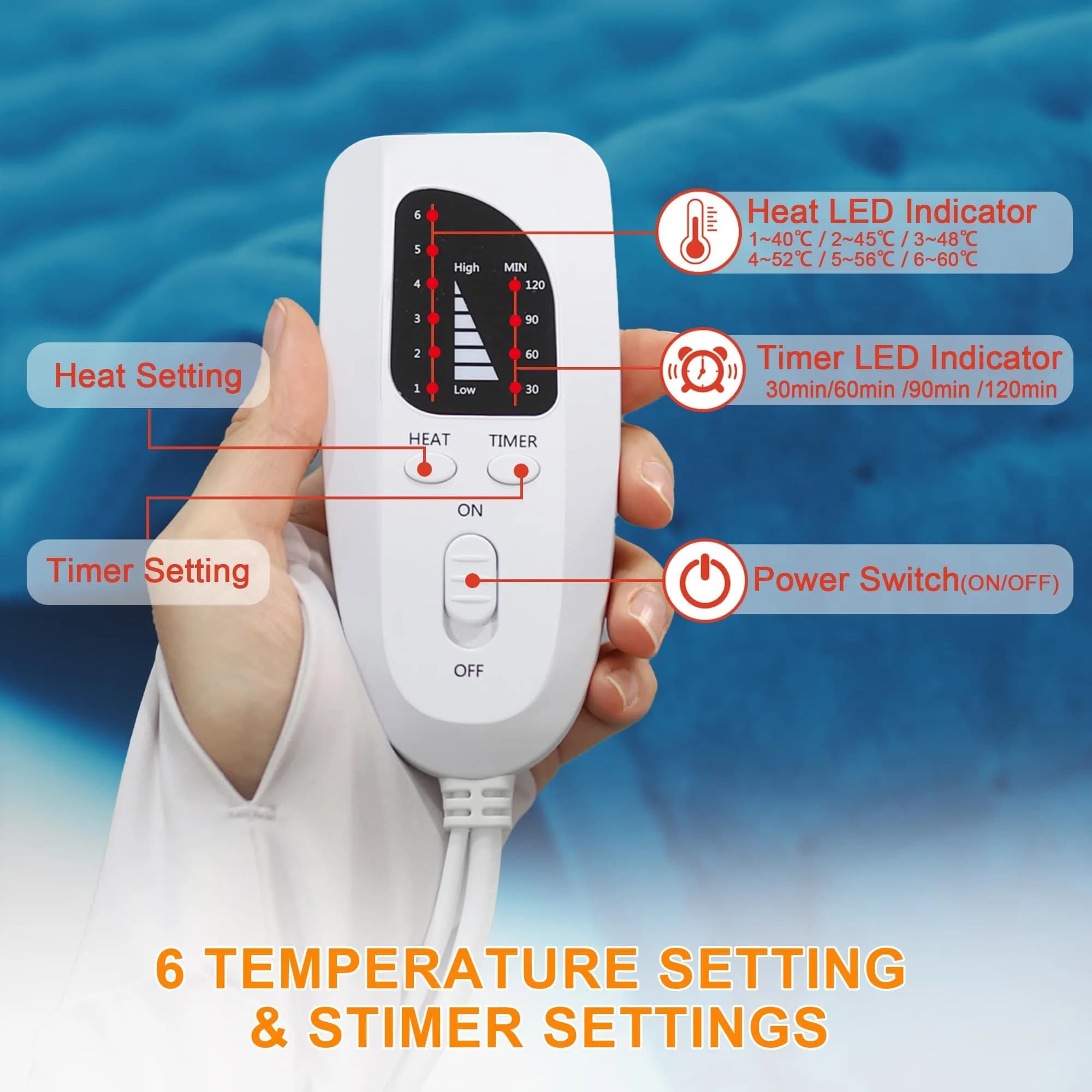 Deepsoon Blue Electric Heating Pad 24x12 Inch | Soothing Heat for Back, Neck, and Legs - view 7