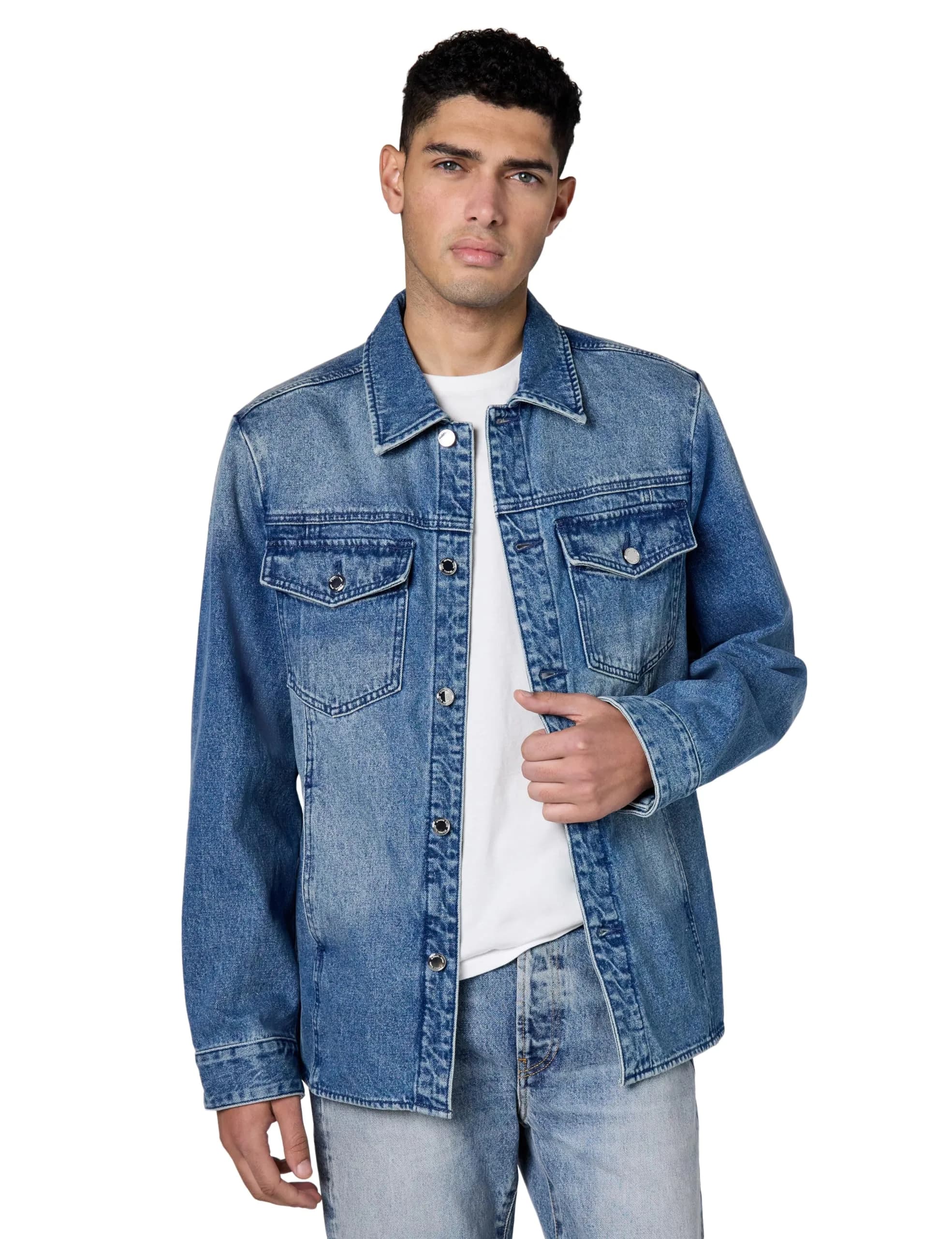 Michael Kors Men's Curved Hem Denim Shirt Jacket, Union Wash, XL | 100% Cotton, Regular Fit, Spring - main product image
