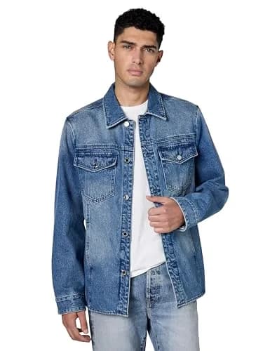 Michael Kors Men's Curved Hem Denim Shirt Jacket, Union Wash, XL | 100% Cotton, Regular Fit, Spring thumbnail 1