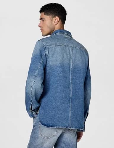Michael Kors Men's Curved Hem Denim Shirt Jacket, Union Wash, XL | 100% Cotton, Regular Fit, Spring thumbnail 4