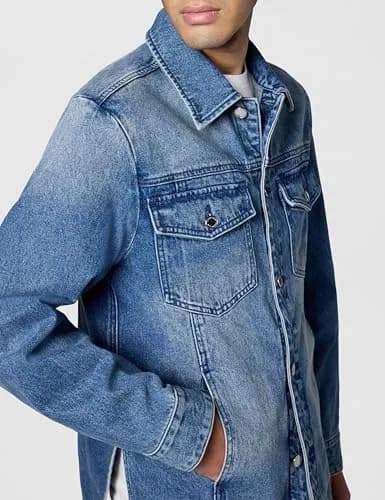 Michael Kors Men's Curved Hem Denim Shirt Jacket, Union Wash, XL | 100% Cotton, Regular Fit, Spring thumbnail 3