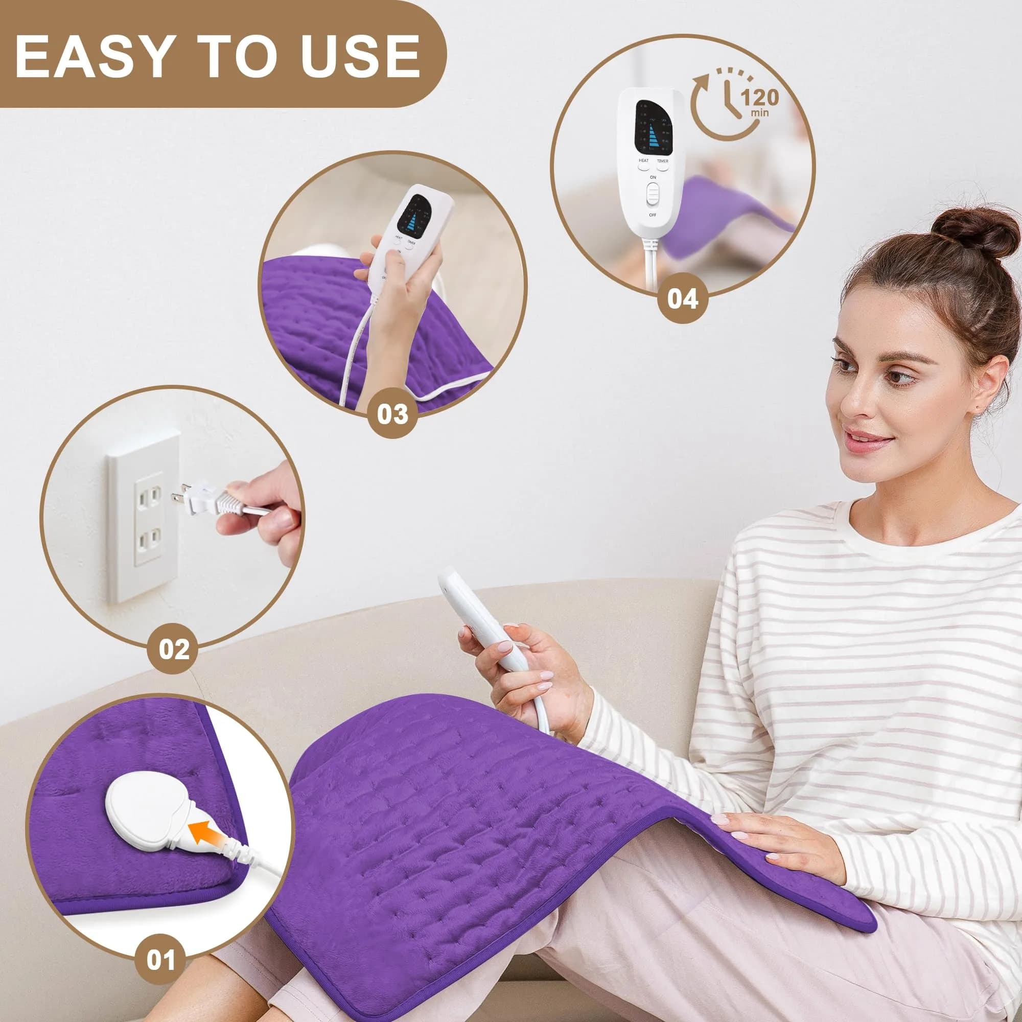 Deepsoon Electric Heating Pad for Back, Abdomen, Legs, Neck & Shoulder - 24x20 Inch, Dark Purple | Moist Heat & Auto Shut Off - view 2