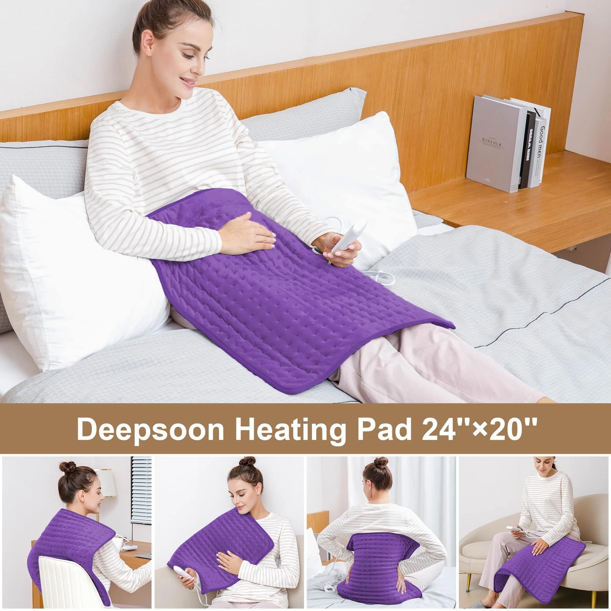 Deepsoon Electric Heating Pad for Back, Abdomen, Legs, Neck & Shoulder - 24x20 Inch, Dark Purple | Moist Heat & Auto Shut Off - view 3