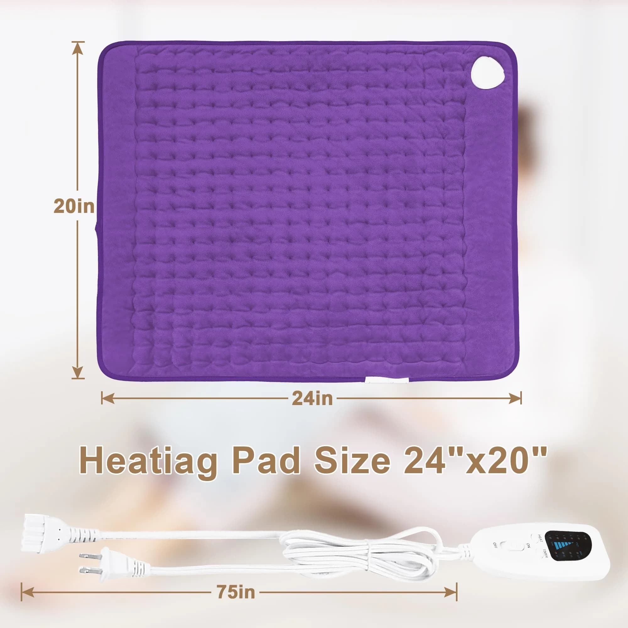 Deepsoon Electric Heating Pad for Back, Abdomen, Legs, Neck & Shoulder - 24x20 Inch, Dark Purple | Moist Heat & Auto Shut Off - view 5