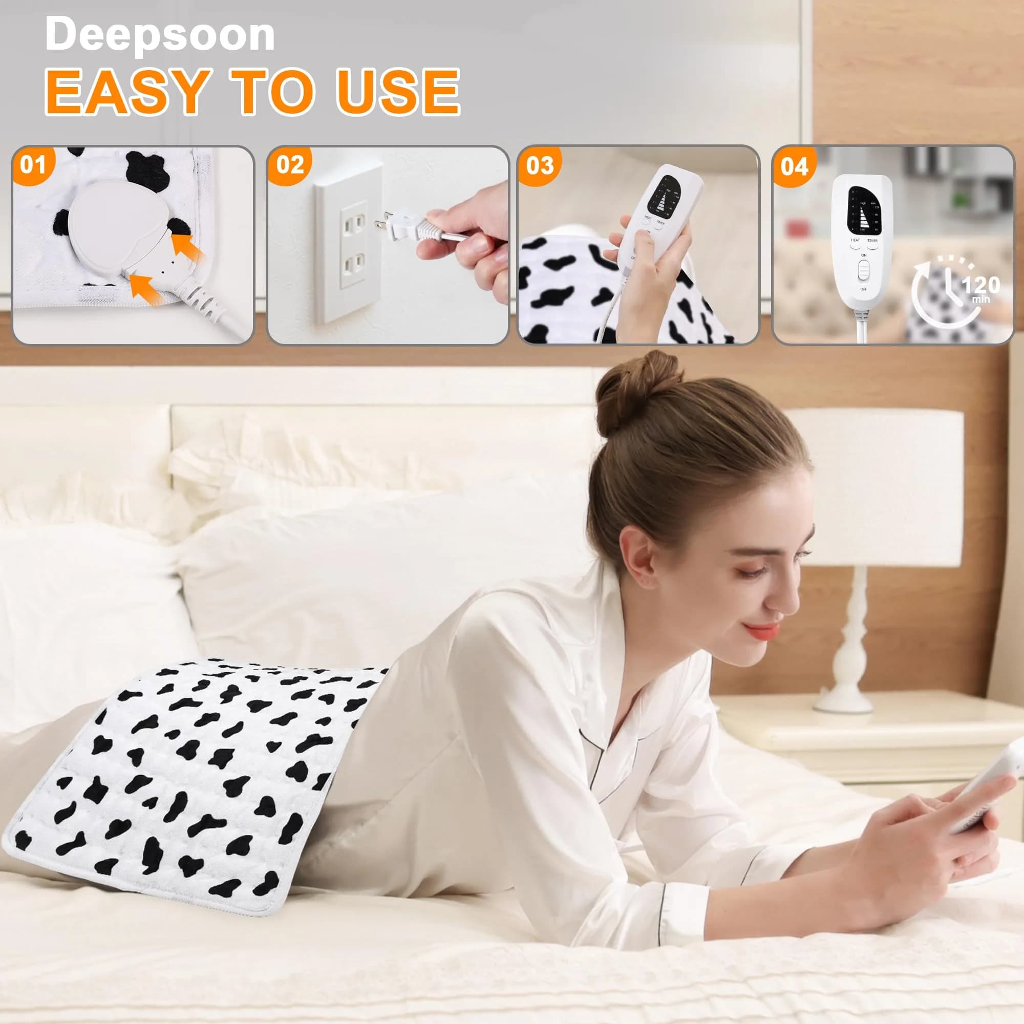 Deepsoon White Black Electric Heating Pad 24x12 Inch | Fast Heat & Auto Shut-Off - view 3