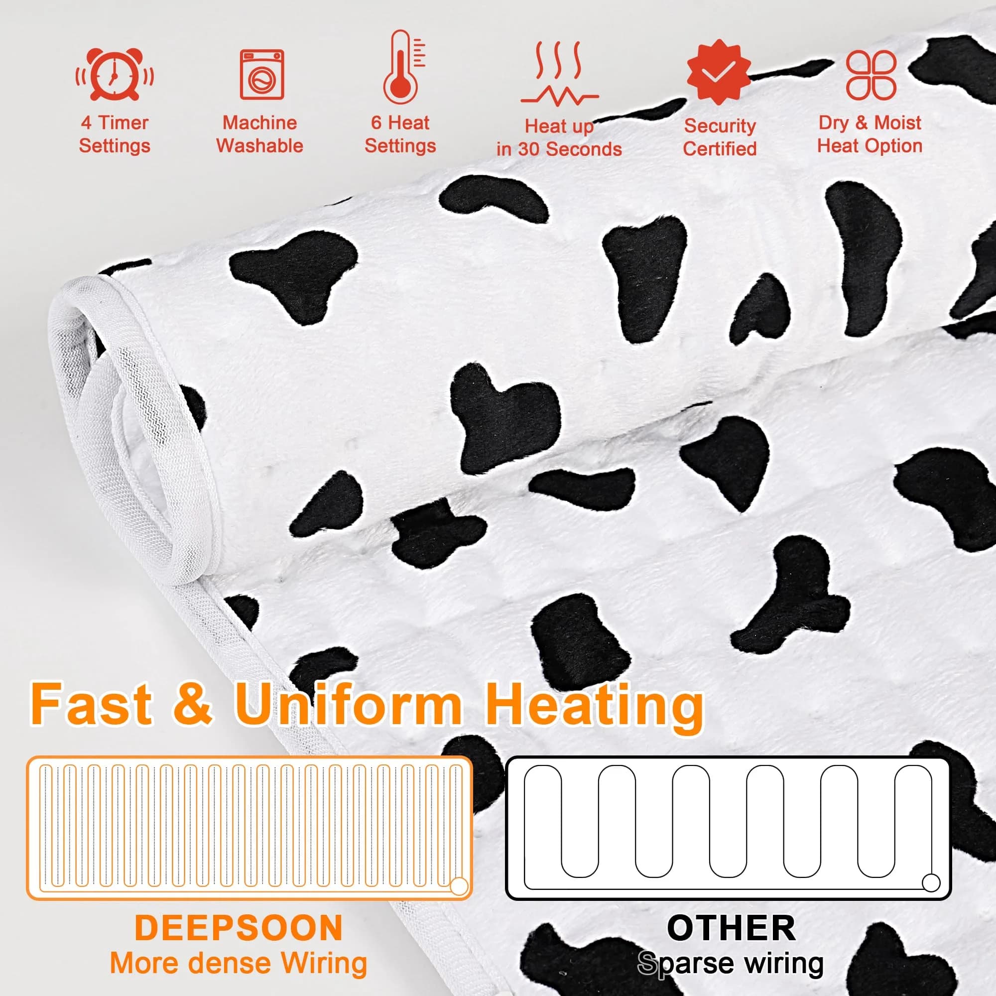 Deepsoon White Black Electric Heating Pad 24x12 Inch | Fast Heat & Auto Shut-Off - view 5
