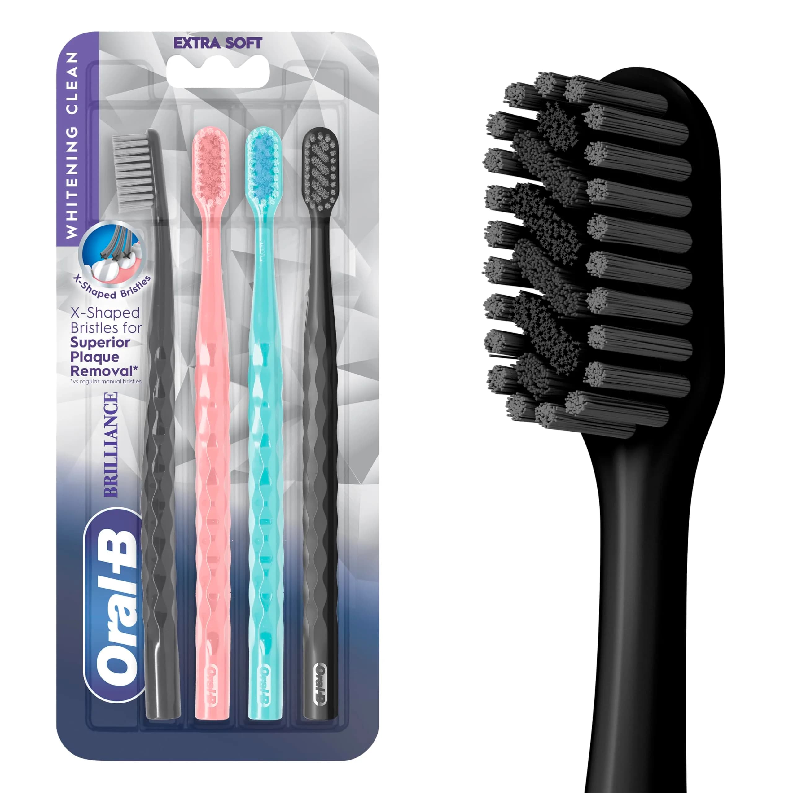 Oral-B 3D White Brilliance Toothbrushes 4 Count Extra Soft | Tough on Plaque, Gentle on Gums — Black, Coral & Teal