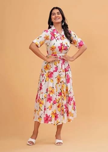 Jikonet Women's Floral Print Cotton Western Dress, White, 3XL | Shirt Collar, Tie Belt, Half Sleeves thumbnail 4