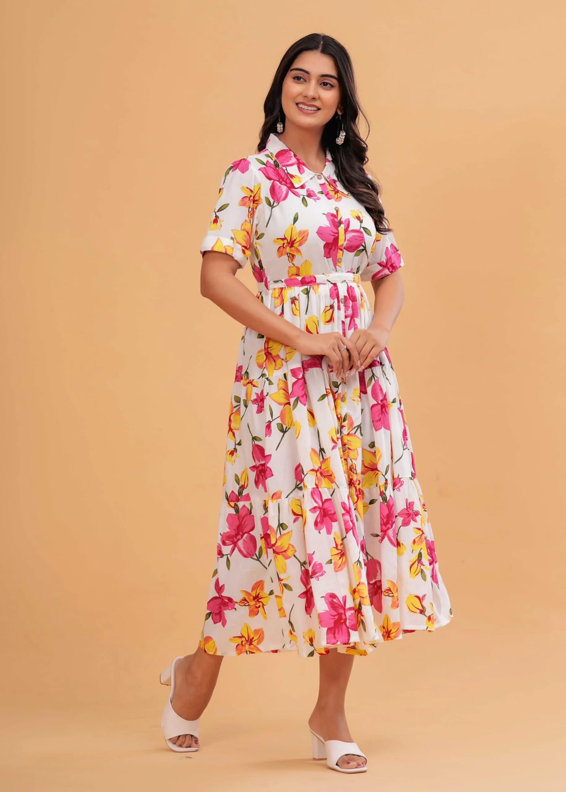 Jikonet Women's Floral Print Cotton Western Dress, White, 3XL | Shirt Collar, Tie Belt, Half Sleeves - view 5
