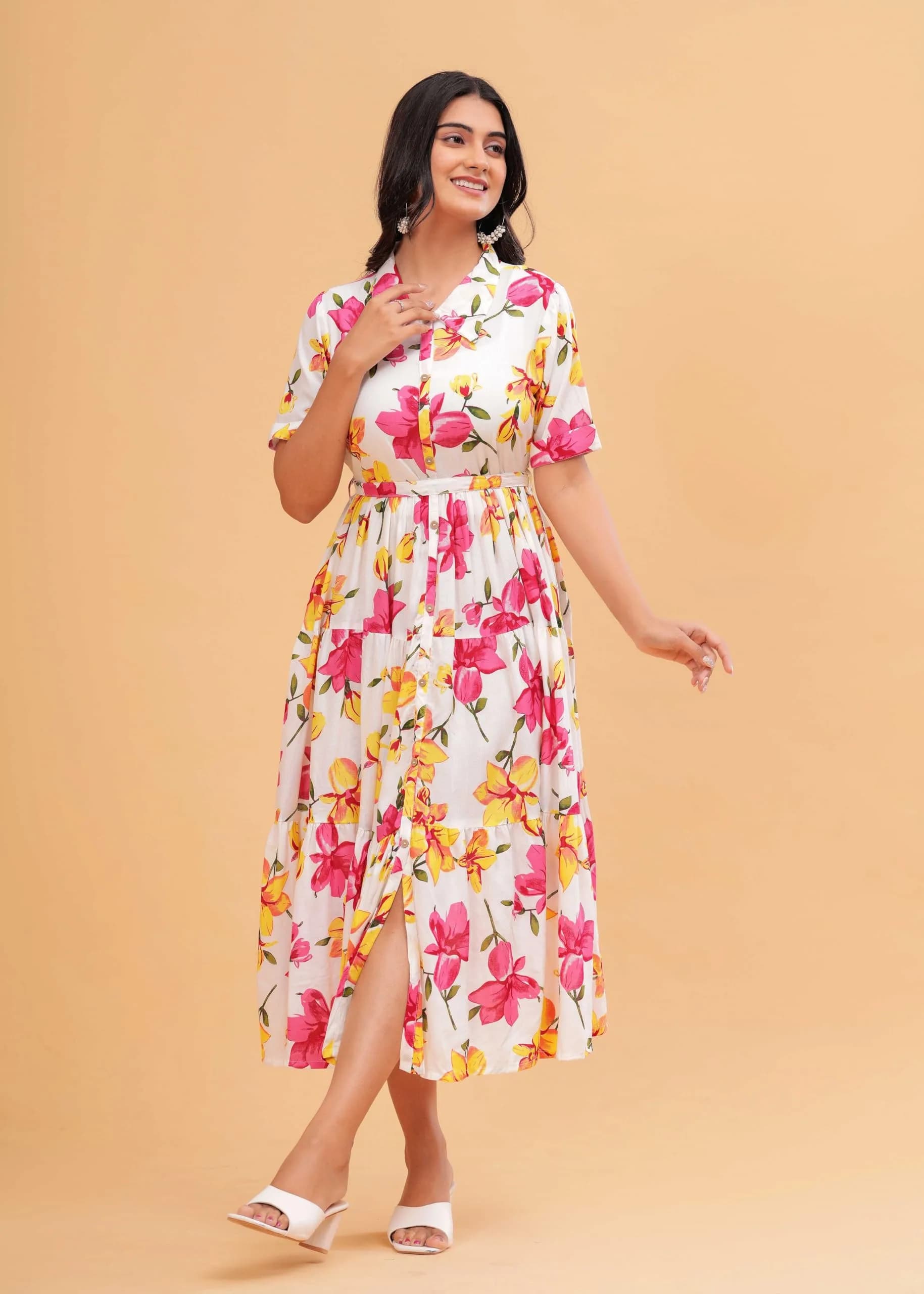 Jikonet Women's Floral Print Cotton Western Dress, White, 3XL | Shirt Collar, Tie Belt, Half Sleeves - view 7