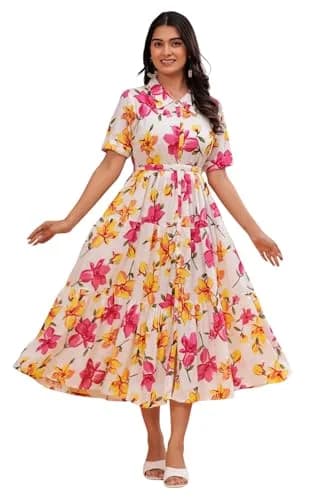 Jikonet Women's Floral Print Cotton Western Dress, White, 3XL | Shirt Collar, Tie Belt, Half Sleeves thumbnail 1