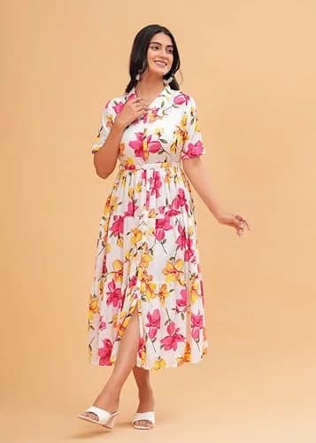 Jikonet Women's Floral Print Cotton Western Dress, White, 3XL | Shirt Collar, Tie Belt, Half Sleeves thumbnail 7